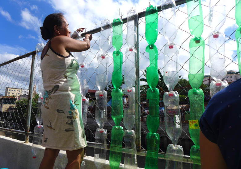 An elderly woman hanging recyclable bottles for a vertical garden